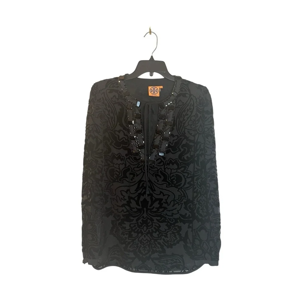 Tory Burch Auden Tunic Top Size 2 Black Tie-Neck Embellished Velvet Brocade